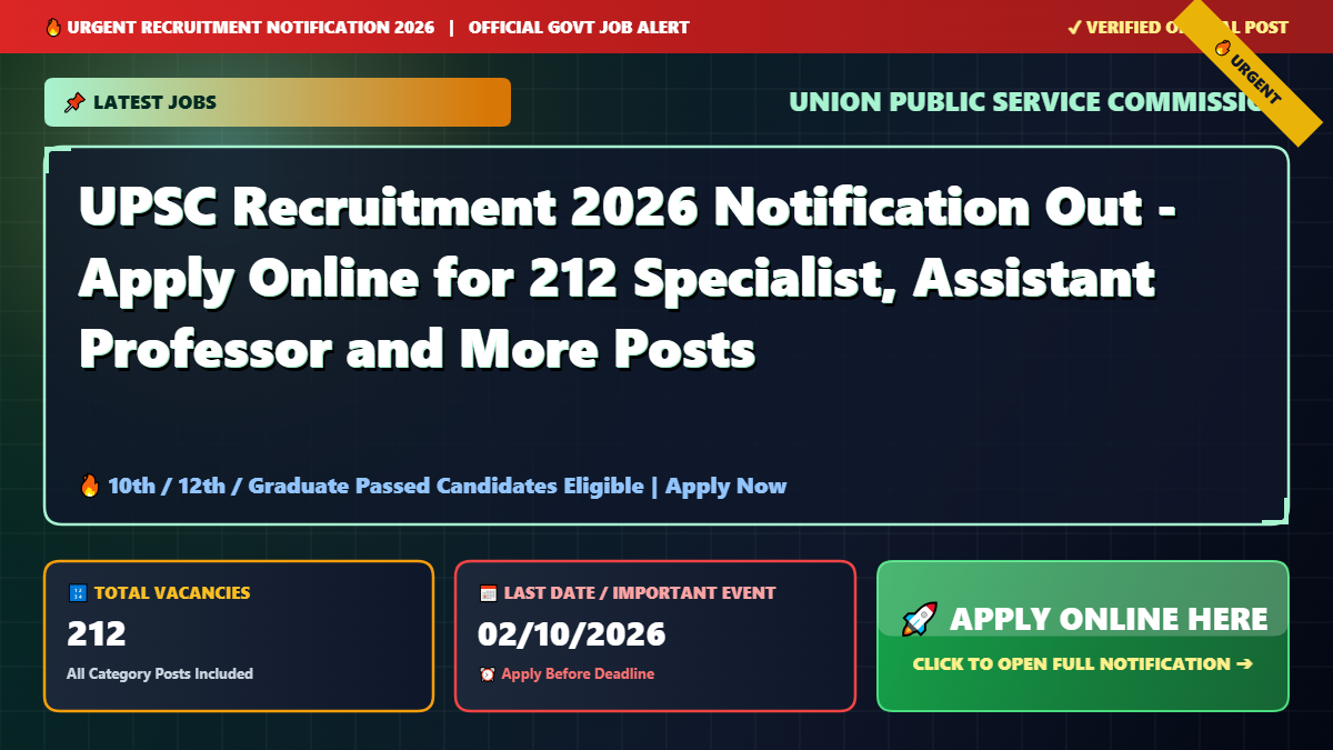 UPSC Recruitment 2026 Notification Out - Apply Online for 212 Specialist, Assistant Professor and More Posts