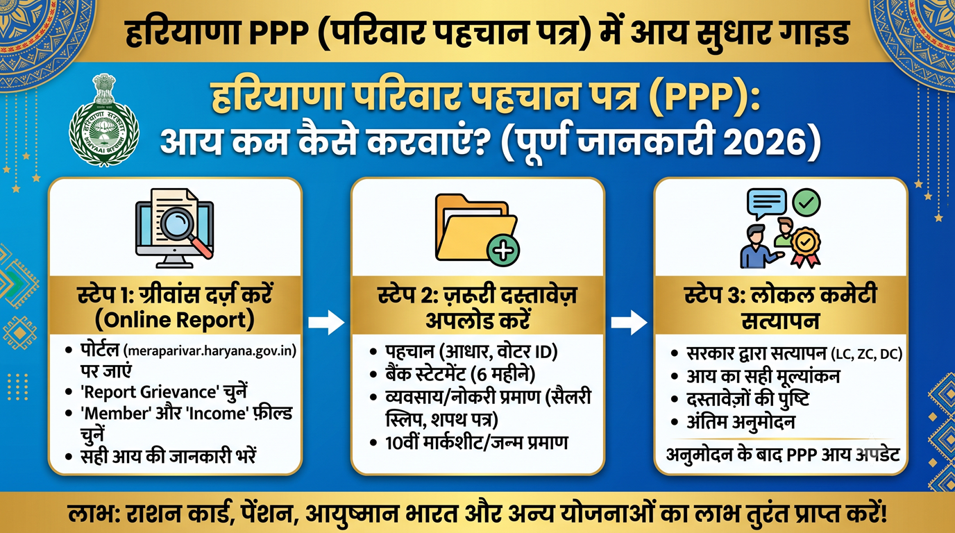 हरियाणा परिवार पहचान पत्र (PPP) में आय (Income) कम/सही करवाने की पूरी प्रक्रिया